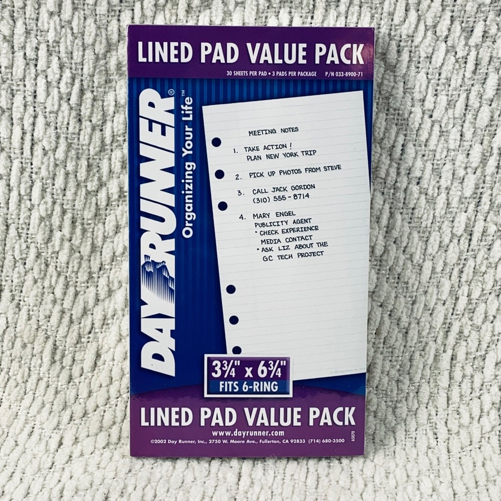 Day Runner Lined Pad Refill 3.75x6.75 White 3pk 033-8900-71 6-Ring Binder‎ Paper